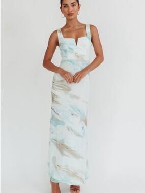 Light Blue Marble Maxi Dress with Square Neck and Tie Back